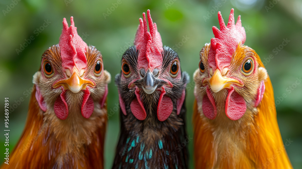 Naklejka premium Close-up portrait of three chickens