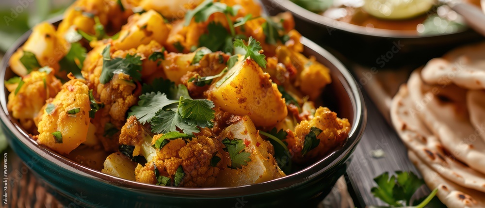 A vibrant bowl of spiced potatoes and cauliflower garnished with fresh herbs, perfect for a comforting meal or culinary photography. A vibrant bowl of spiced potatoes and cauliflower garnished with fresh herbs, perfect for a comforting meal or culinary photography.