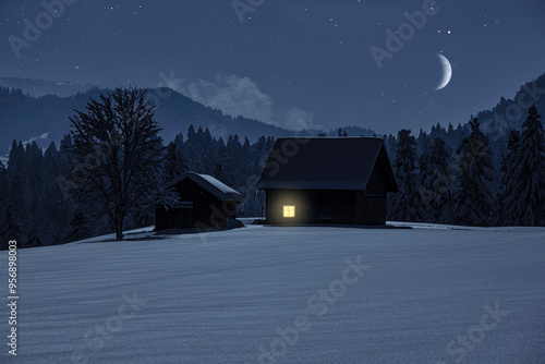 Alte Holzhütte im Winter in verschneiter Landschaft