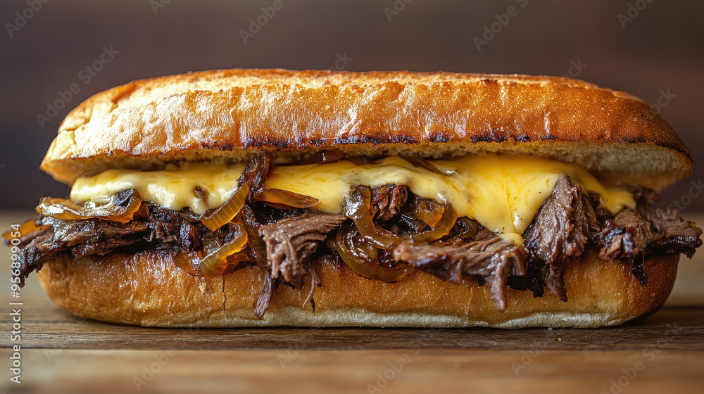 Juicy beef brisket sandwich with melted cheese and caramelized onions, Juicy beef brisket sandwich with melted cheese and caramelized onions,