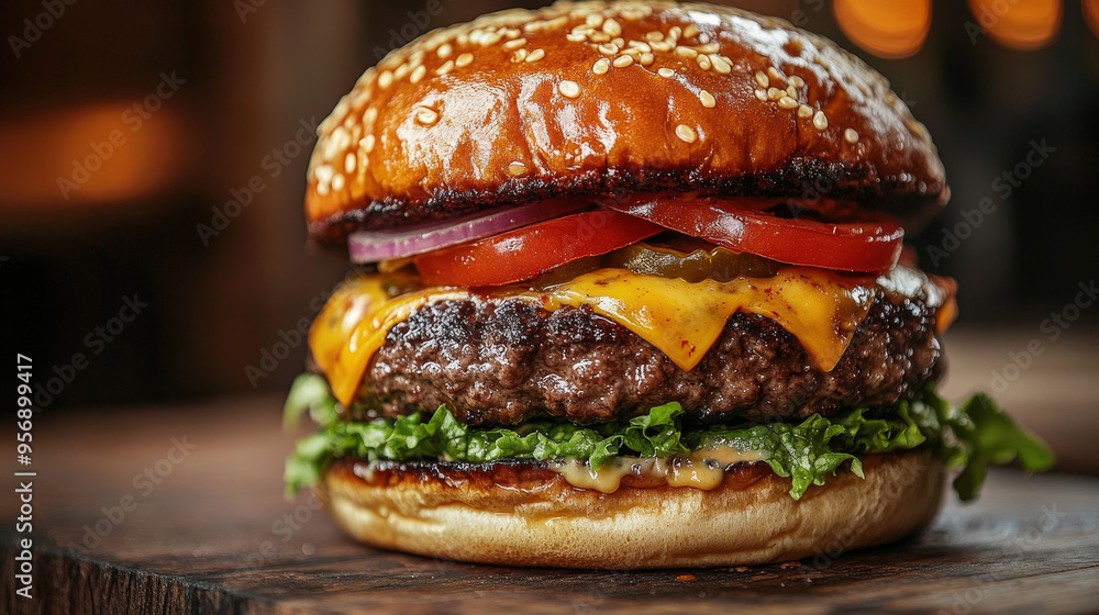 Juicy burger with layers of toppings, dripping with sauce Juicy burger with layers of toppings, dripping with sauce