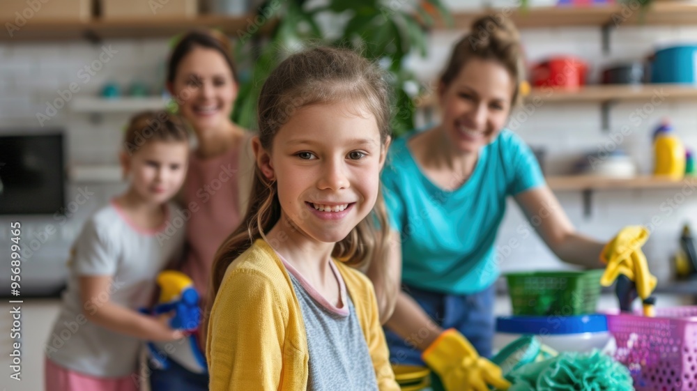 A cheerful family working together to clean their living room. A cheerful family working together to clean their living room.