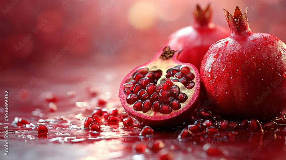 Juicy pomegranate seeds spilling out from a broken half Juicy pomegranate seeds spilling out from a broken half