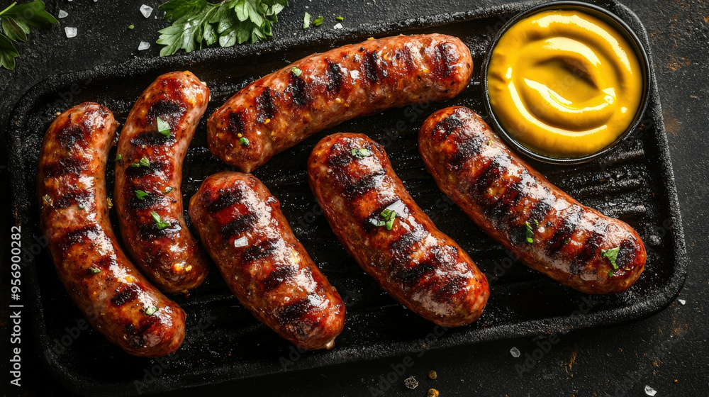 Fototapeta premium Juicy sausage links sizzling on a grill, charred and smoky, served with mustard, rustic and hearty. 