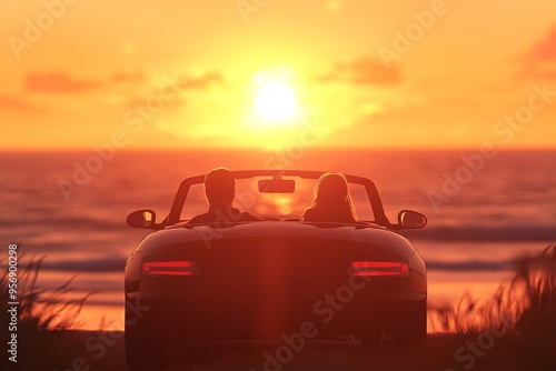 Wallpaper Mural A couple in a convertible car, parked by the beach, watching the sunset. The scene captures romance, relaxation, and the beauty of a coastal sunset Torontodigital.ca