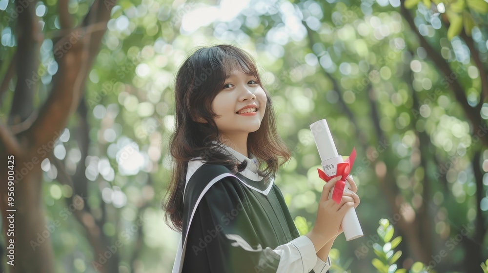 A delighted young graduate poses with their diploma outdoors, surrounded by a lush, green landscape. A delighted young graduate poses with their diploma outdoors, surrounded by a lush, green landscape.