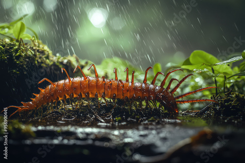 A glistening centipede crawls through the undergrowth, its body shimmering in the downpour.