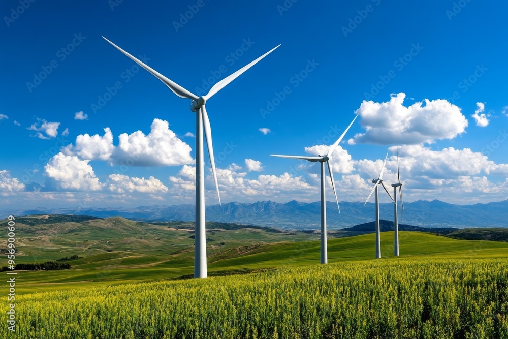 Wind turbines, harnessing wind energy, sustainable power generate clean electricity for homes and businesses Wind turbines, harnessing wind energy, sustainable power generate clean electricity for homes and businesses
