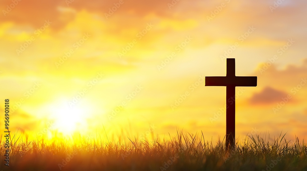 Silhouette christian cross on grass in sunrise background Silhouette christian cross on grass in sunrise background