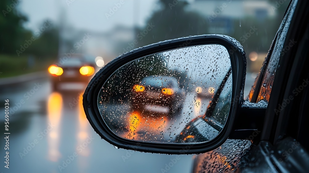Side Car Mirror Reflecting Partially Obscured Vehicle in Rainy Driving Conditions Side Car Mirror Reflecting Partially Obscured Vehicle in Rainy Driving Conditions