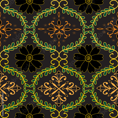 Beautiful pattern of black flowers combined with leaves and orange floral motifs on a dark brown background. 