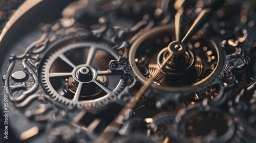 A close-up view of intricate clock gears and mechanisms, capturing the complexity and craftsmanship of fine watchmaking. photo