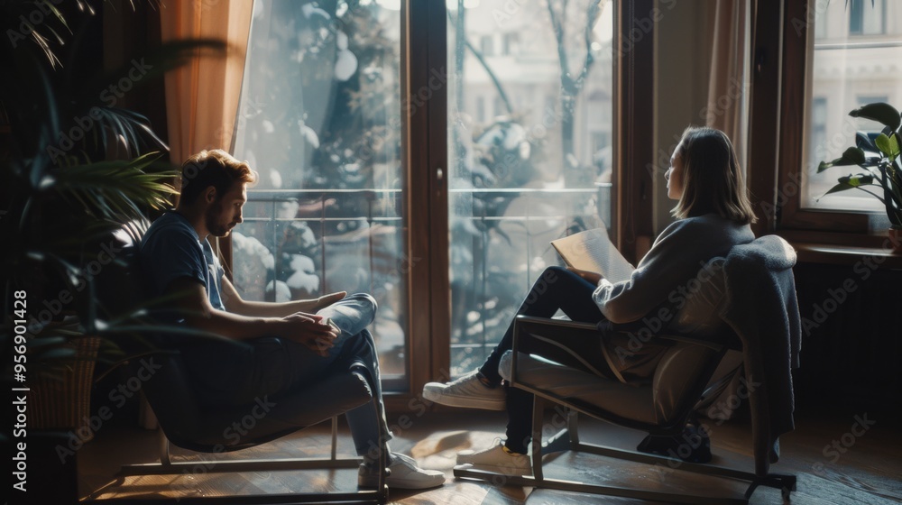 Two individuals engage in a thoughtful conversation, sitting comfortably in a sunlit room with a view of a snowy landscape outside large windows. Two individuals engage in a thoughtful conversation, sitting comfortably in a sunlit room with a view of a snowy landscape outside large windows.
