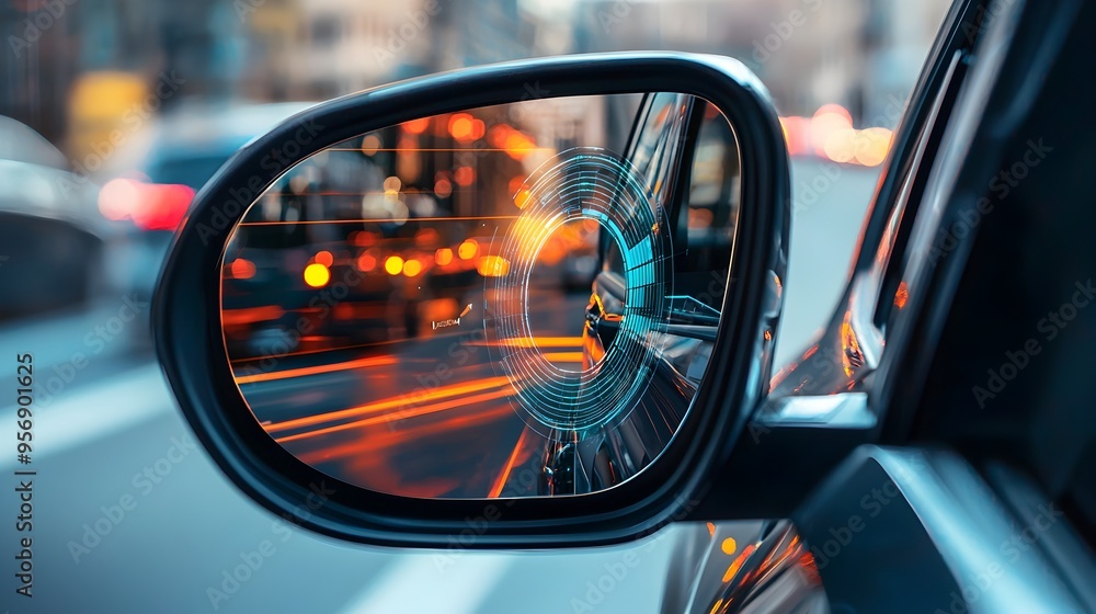 Futuristic Car Mirror with Digital Blind Spot Warning and Urban Street Reflection Futuristic Car Mirror with Digital Blind Spot Warning and Urban Street Reflection