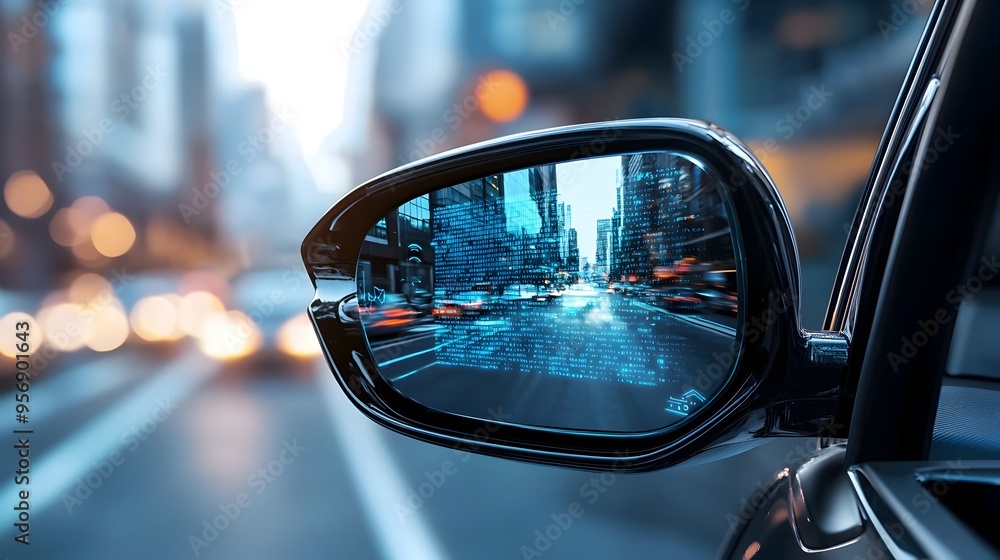 Modern Car Mirror with Digital Blind Spot Warning Overlay and Urban Street Reflection Modern Car Mirror with Digital Blind Spot Warning Overlay and Urban Street Reflection