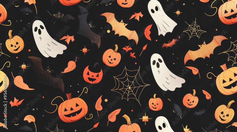 Fototapeta premium Whimsical Halloween pattern showcasing cheerful ghosts, bats, spider webs, and pumpkins, all set against a dark, festive backdrop.