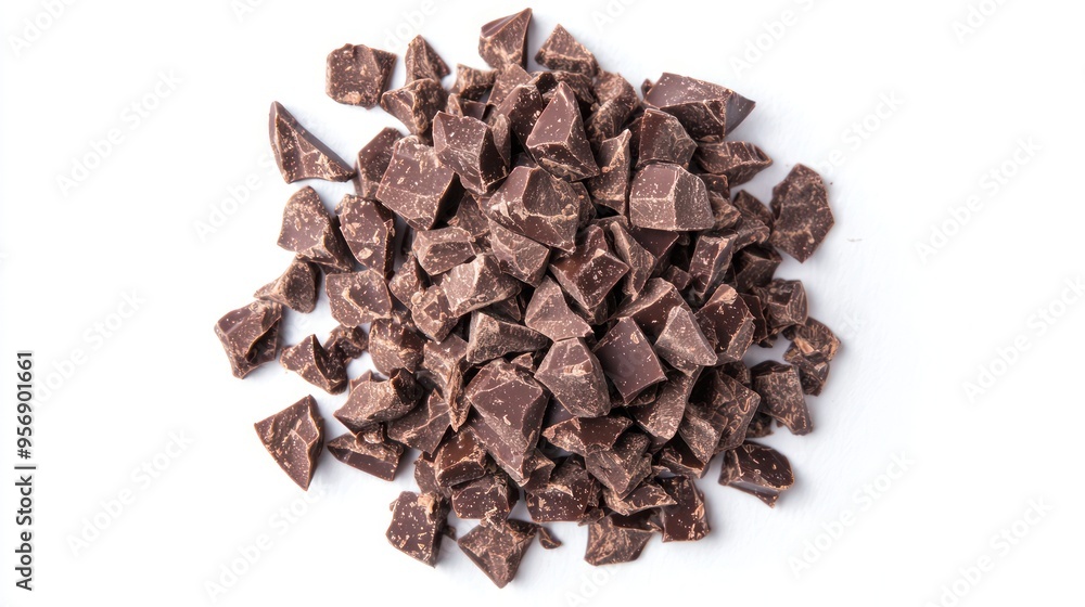 Pile chopped, milled dark chocolate isolated on white, top view Pile chopped, milled dark chocolate isolated on white, top view