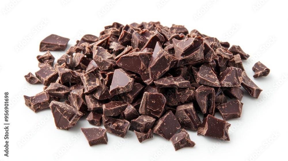 Pile chopped, milled dark chocolate isolated on white, top view Pile chopped, milled dark chocolate isolated on white, top view