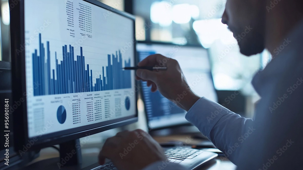 Businessman working with a financial advisor using detailed data visualization market analysis. Businessman working with a financial advisor using detailed data visualization market analysis.