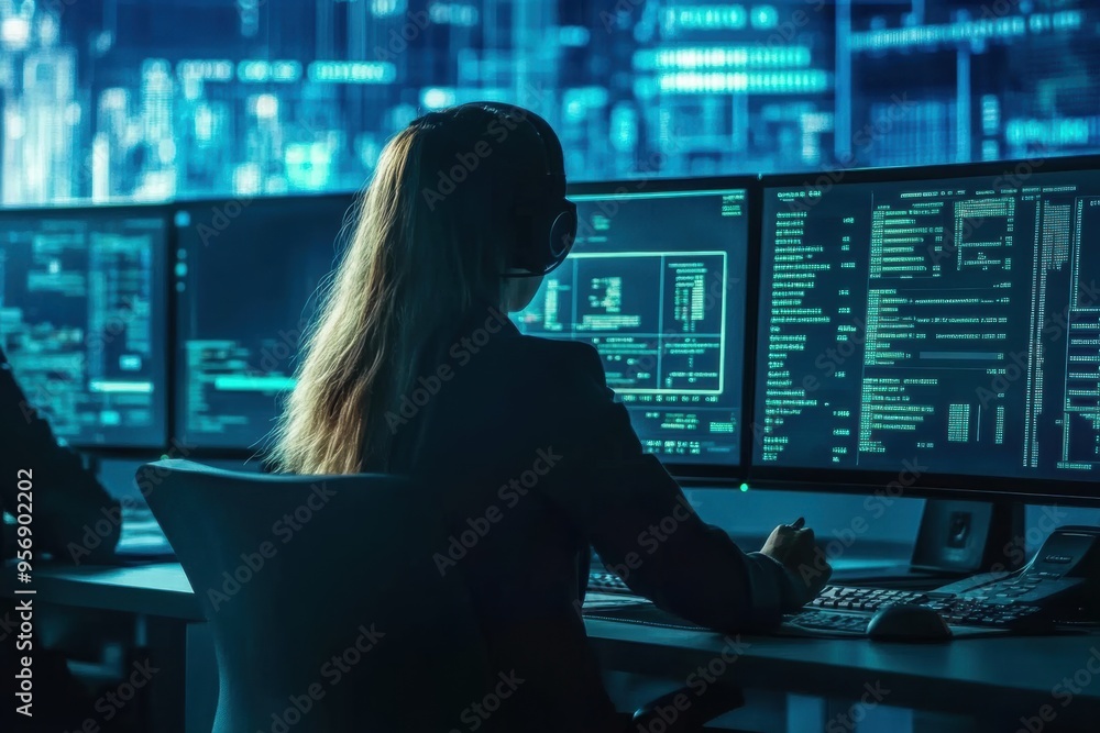 A woman is sitting at a computer with a headset on A woman is sitting at a computer with a headset on