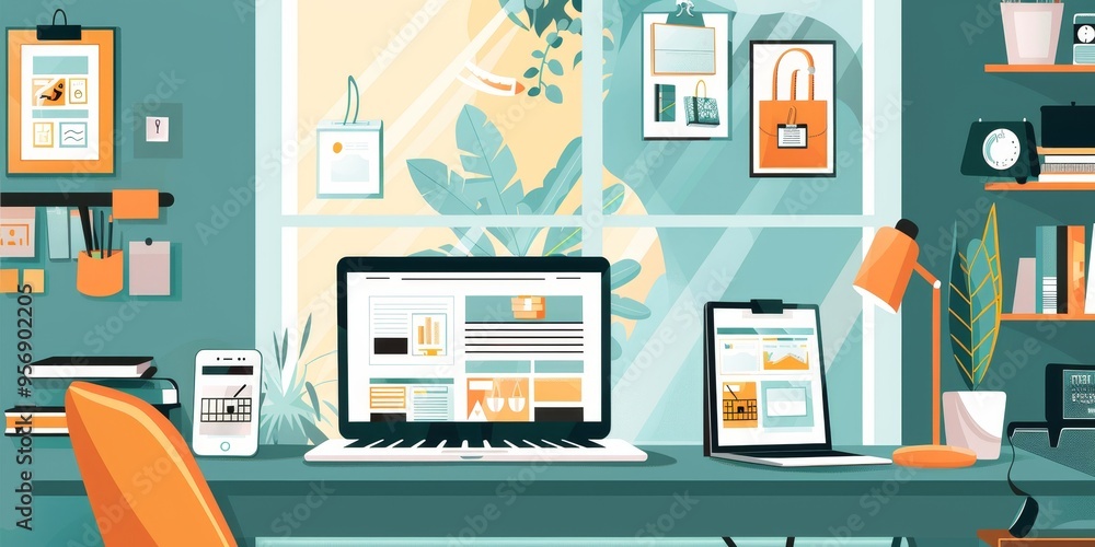 A stylish home office with a laptop, tablet, and smartphone displaying different e-commerce platforms A stylish home office with a laptop, tablet, and smartphone displaying different e-commerce platforms