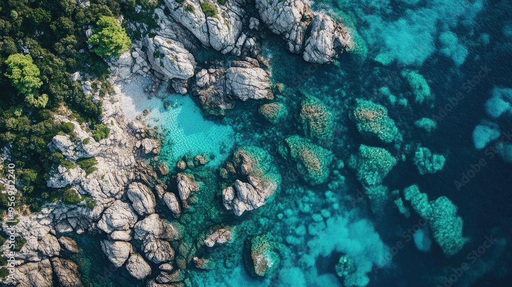 High-altitude view of rocky coastlines and clear sea waters, highlighting the beauty of a summer seaside getaway and travel experience. High-altitude view of rocky coastlines and clear sea waters, highlighting the beauty of a summer seaside getaway and travel experience.