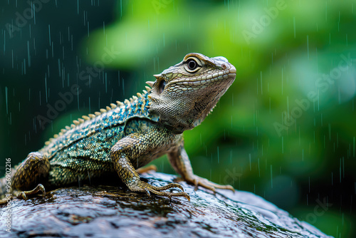 A lone lizard basks on a wet rock, the rain falling around it like a curtain of nature's grace. photo