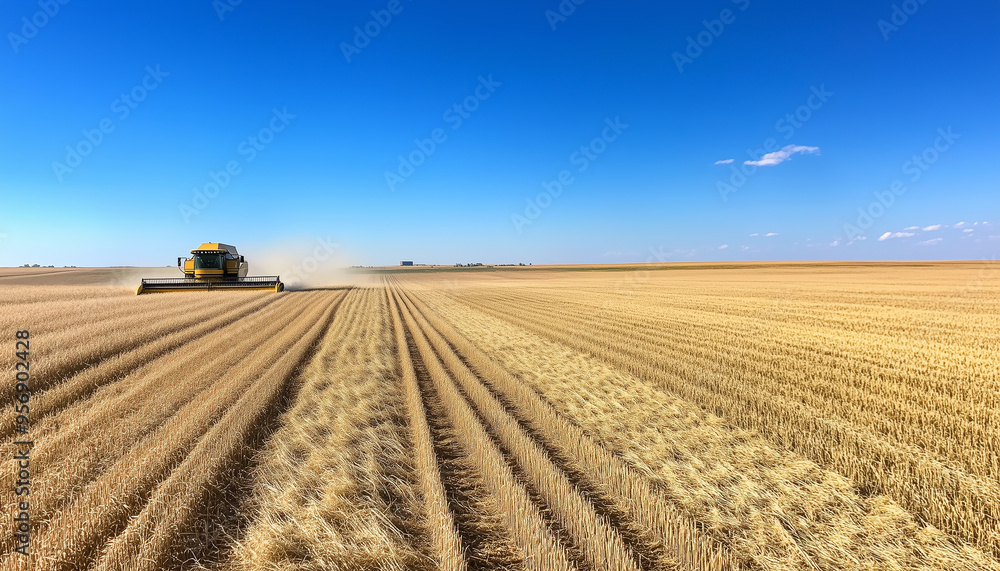 Modern combines work in huge fields of wheat. The wheat stalks flutter in the wind like waves Modern combines work in huge fields of wheat. The wheat stalks flutter in the wind like waves