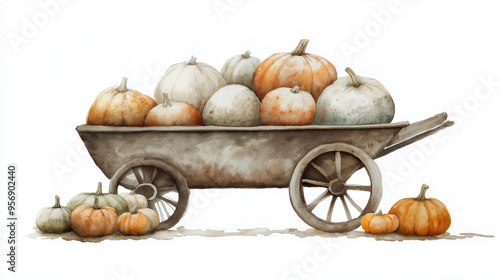 A rustic cart filled with assorted pumpkins, perfect for autumn decorations and harvest-themed designs.