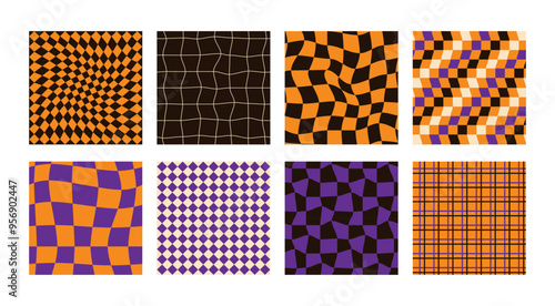 Halloween distorted checkered seamless patterns set. Psychedelic retro backgrounds 60s 70s style.
