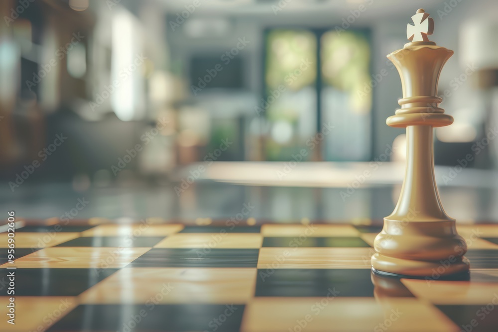 Close-up of a chess king on a wooden board, emphasizing strategy and elegance in a modern game setting. Close-up of a chess king on a wooden board, emphasizing strategy and elegance in a modern game setting.