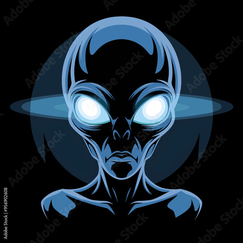 A vector illustration of an alien head with large, glowing eyes. The eyes emit bright blue light. The alien's head is set against a dark background