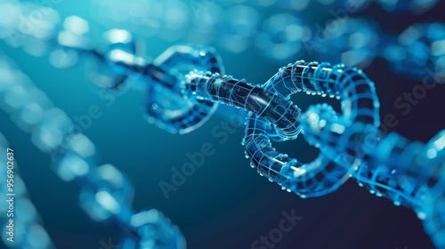 Close-up of digital chains interlinked, glowing with a futuristic blue shimmer, representing connectivity and blockchain technology.