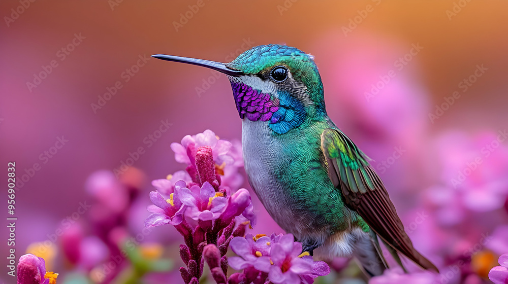 Fototapeta premium Hummingbird Perched on Purple Flower - Realistic Photo