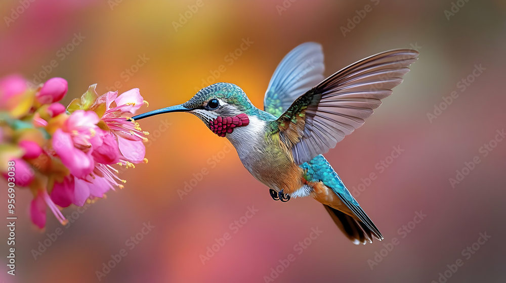 Fototapeta premium Hummingbird in Flight with Pink Flowers Illustration