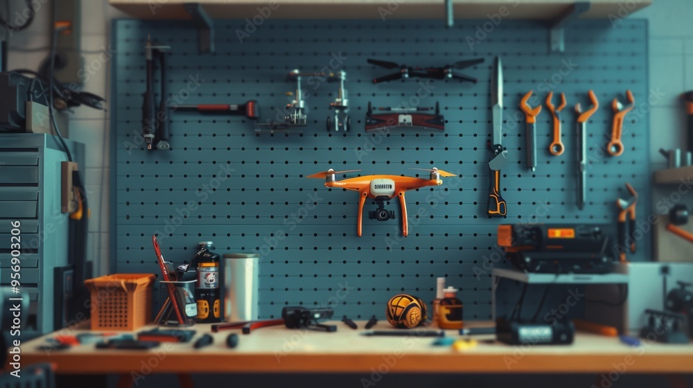 A workbench with a focused display of an orange drone and essential tools on a pegboard, showcasing a tech-savvy and meticulously organized environment. A workbench with a focused display of an orange drone and essential tools on a pegboard, showcasing a tech-savvy and meticulously organized environment.