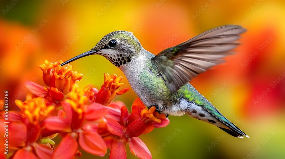 Fototapeta premium Hummingbird Feeding on Red Flower - Illustration