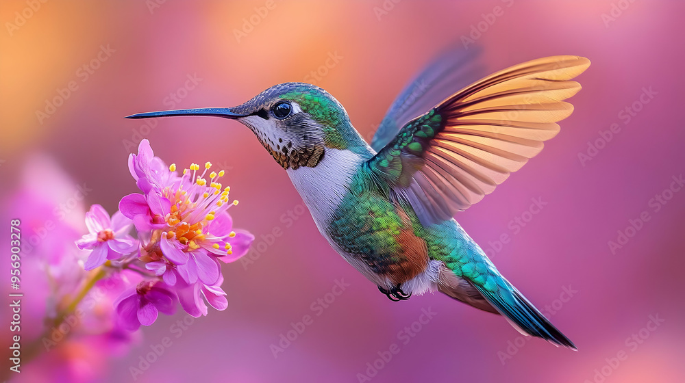 Hummingbird in Flight with Pink Flower - Illustration Hummingbird in Flight with Pink Flower - Illustration