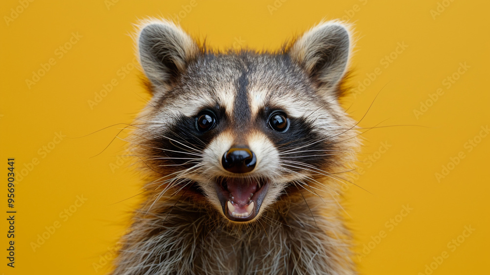 Angry raccoon on a yellow background close-up Angry raccoon on a yellow background close-up