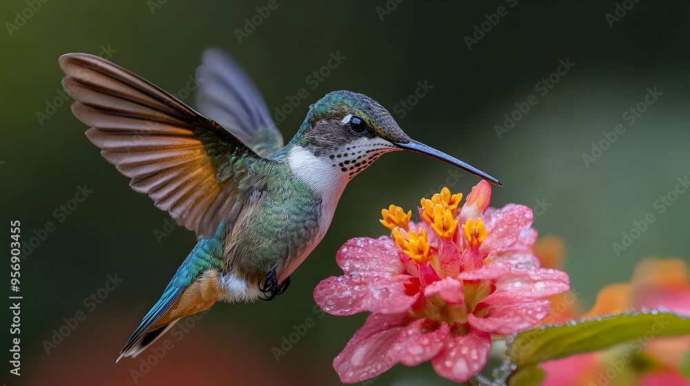 Fototapeta premium Hummingbird in Flight, Nectar and a Pink Flower, Bird Photography