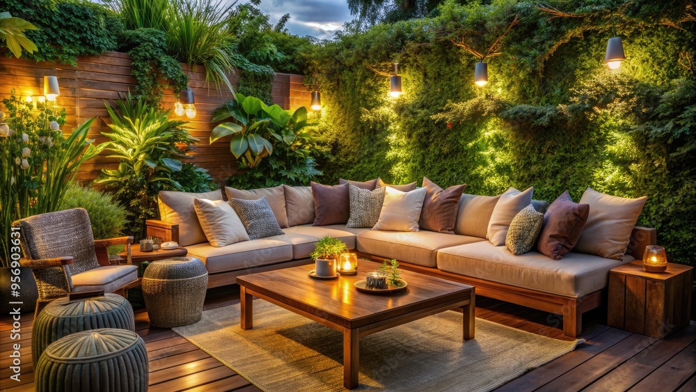 Obraz premium Cozy outdoor setting with comfortable couches and pillows surrounded by lush greenery, warm lighting, and a small wooden table, perfect for relaxation and leisure.