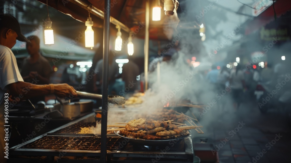 Under warm lights and curling smoke, a street vendor grills a tempting array of skewered meats, enticing patrons in a bustling nighttime market. Under warm lights and curling smoke, a street vendor grills a tempting array of skewered meats, enticing patrons in a bustling nighttime market.