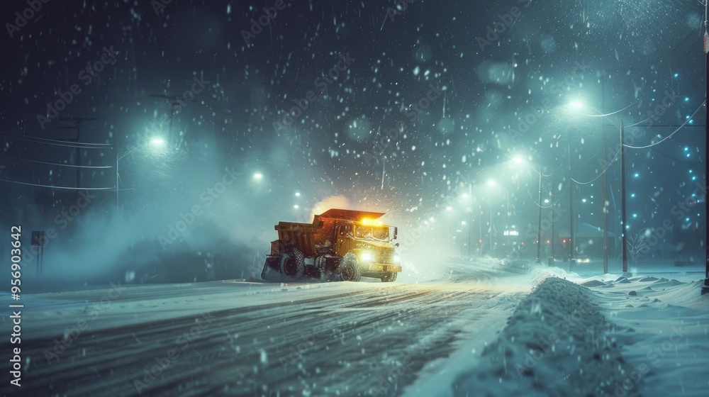 A snowplow chugs down a snowy road under bright streetlights at night, clearing snow as it creates a vibrant reflection on the wet surface, showcasing winter resilience.