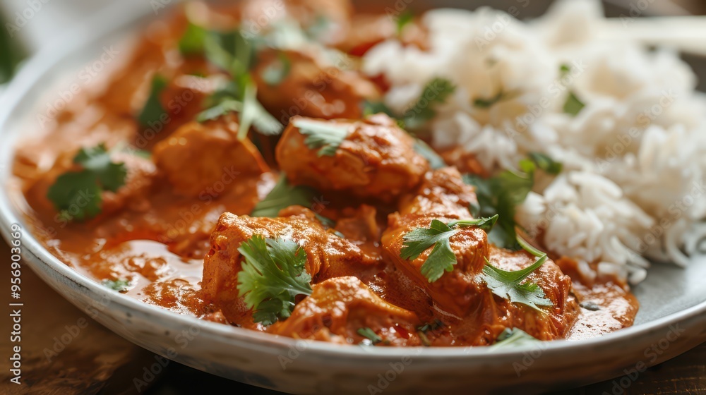 Delicious chicken curry served with fragrant basmati rice, garnished with fresh cilantro for an appetizing touch. Delicious chicken curry served with fragrant basmati rice, garnished with fresh cilantro for an appetizing touch.
