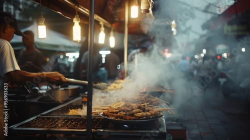 Under warm lights and curling smoke, a street vendor grills a tempting array of skewered meats, enticing patrons in a bustling nighttime market.