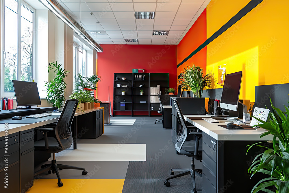 A Modern Workspace with Vibrant Accent Walls, Sleek Desks, and Lush Greenery, Fostering a Productive and Inspiring Atmosphere. A Modern Workspace with Vibrant Accent Walls, Sleek Desks, and Lush Greenery, Fostering a Productive and Inspiring Atmosphere.