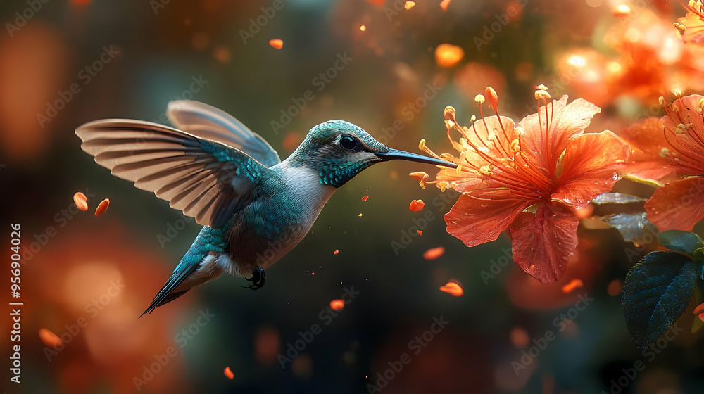 Hummingbird Feeding on a Flower Illustration Hummingbird Feeding on a Flower Illustration