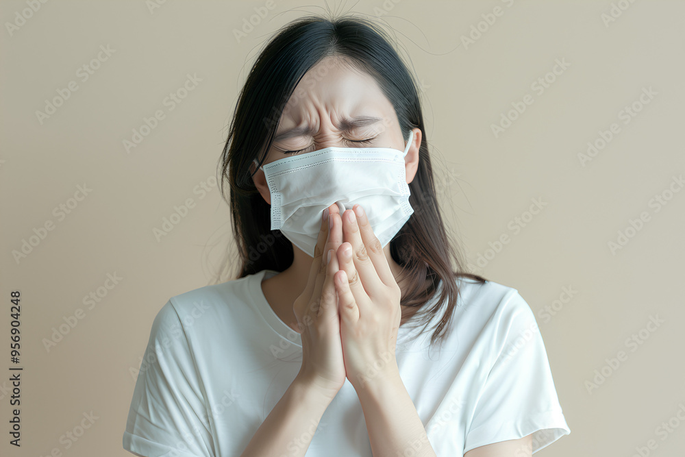 young Asian woman wearing a white t-shirt and face mask airflow while sneezing with copy space, concept of health in the cold season, medical care for people suffering from colds young Asian woman wearing a white t-shirt and face mask airflow while sneezing with copy space, concept of health in the cold season, medical care for people suffering from colds