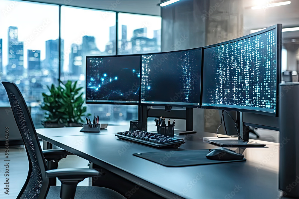 Naklejka premium Sleek Modern Office Workstation with Three Large Monitors Displaying Data and Code
