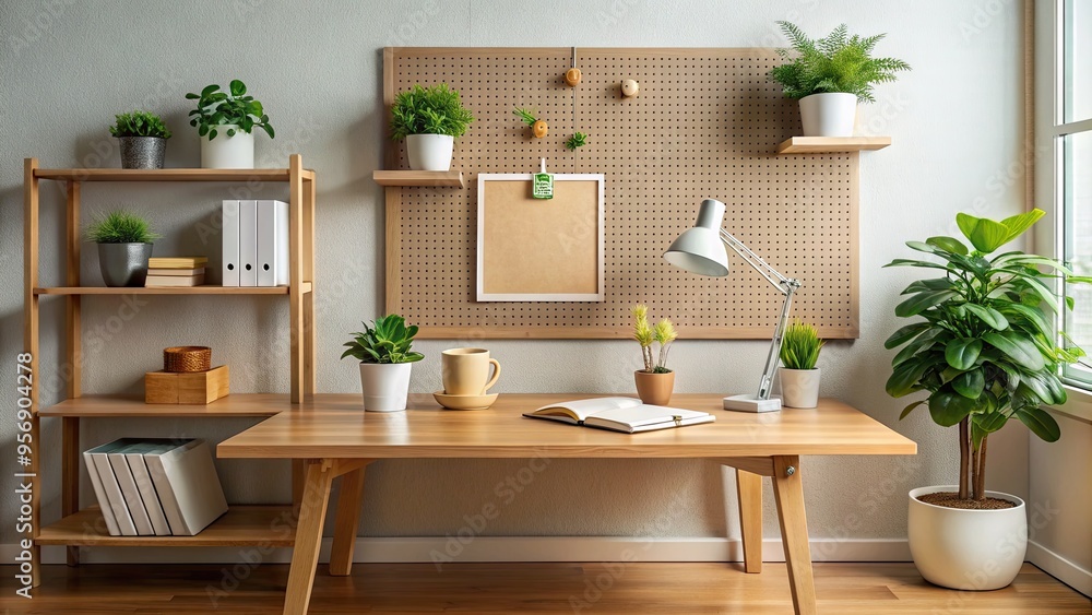 Fototapeta premium Cozy workspace featuring a compact wooden desk with a tidy arrangement of office supplies, a small potted plant, and a framed motivation board.